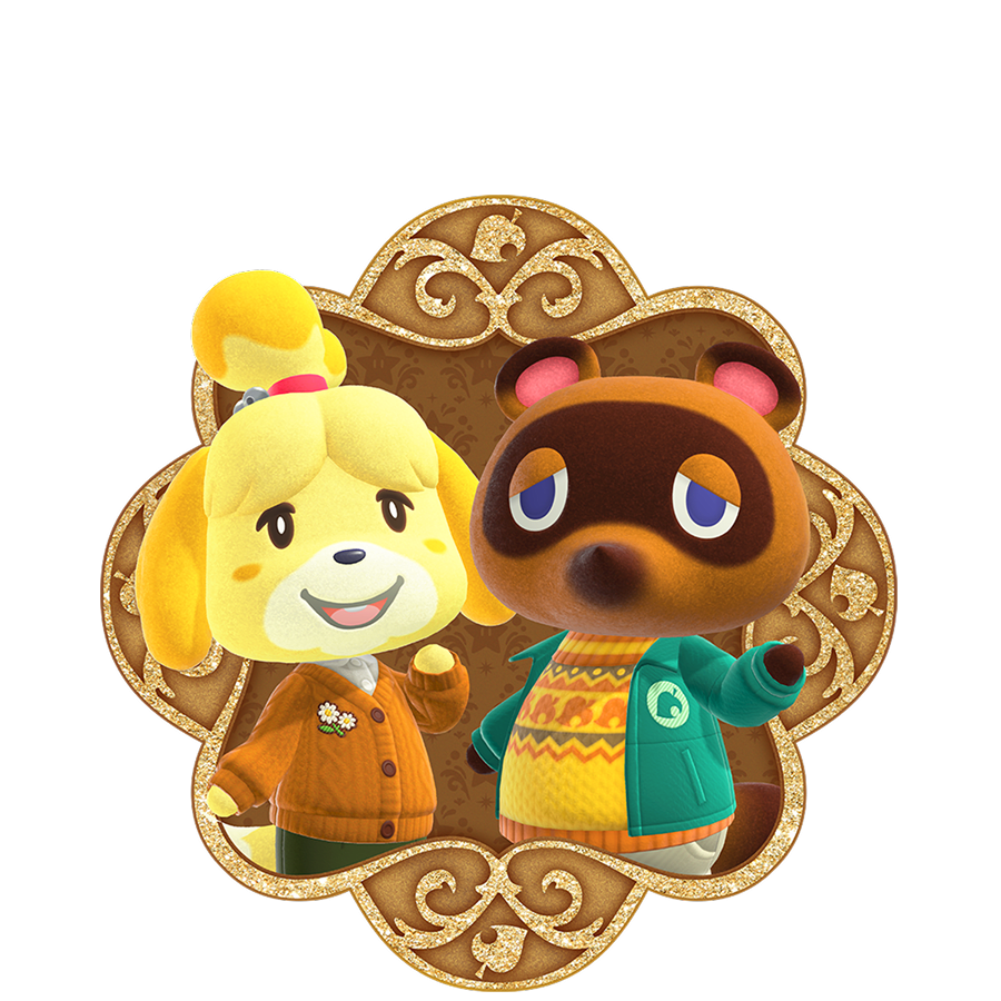 Isabelle and Tom Nook in their winter sweaters emerging from a holiday cookie